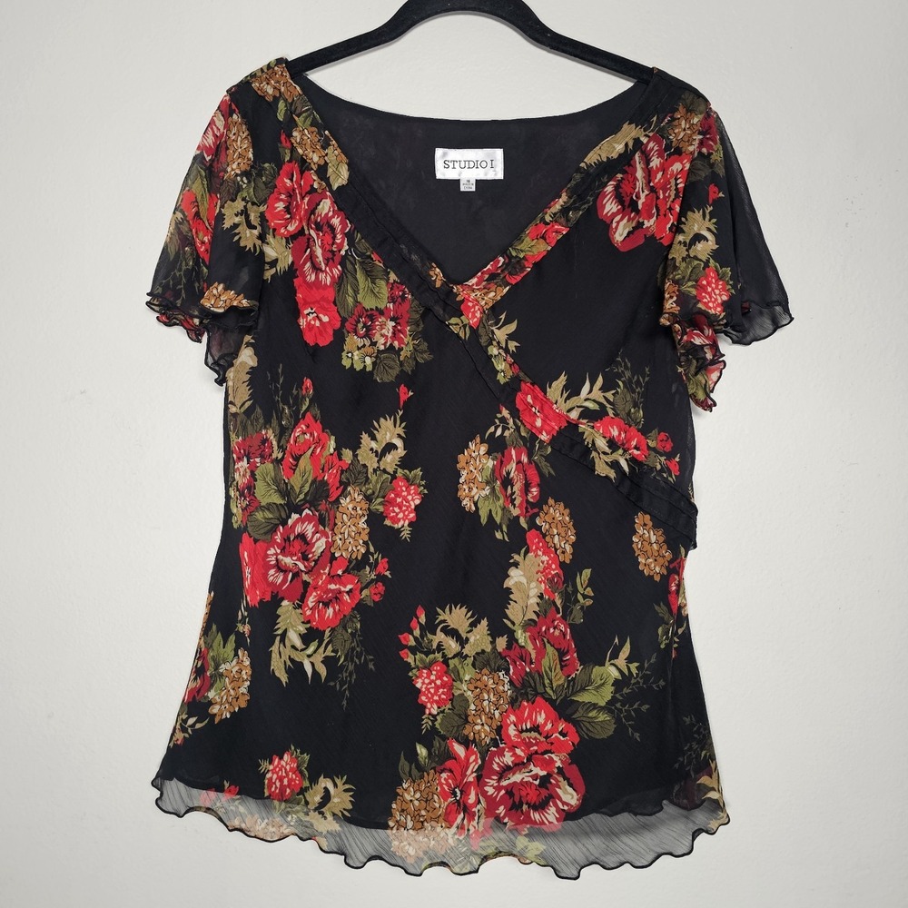 Black Red Floral Asymmetrical Layered Ruffle Top VTG Size 16‎ Y2k Dark Fairy